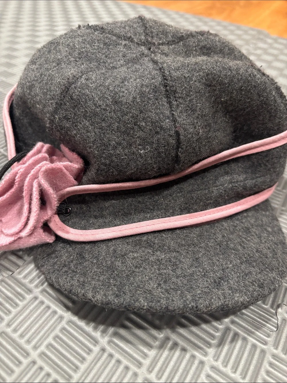 Wool Blend Gray Cap with Pink Flower Accent